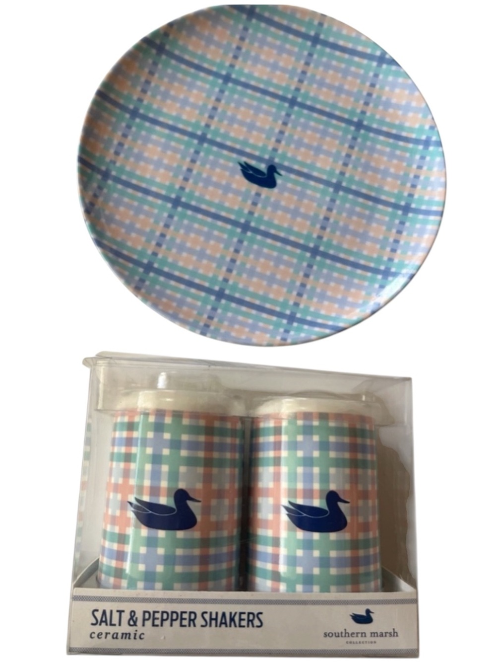 Southern Marsh Ceramic Plaid Plate with Salt & Pepper Shakers NWT